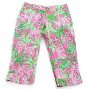 Lilly Pulitzer Sz 2 Taboo Elephant Print Capri Pants‎ Mid-Rise Pink Green Cuffed